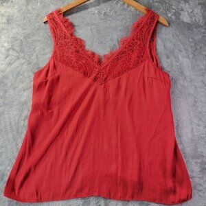 H&M Womens Red Lace Trim Cami Tank Top M Sleeveless V Neck Romantic Date Night‎